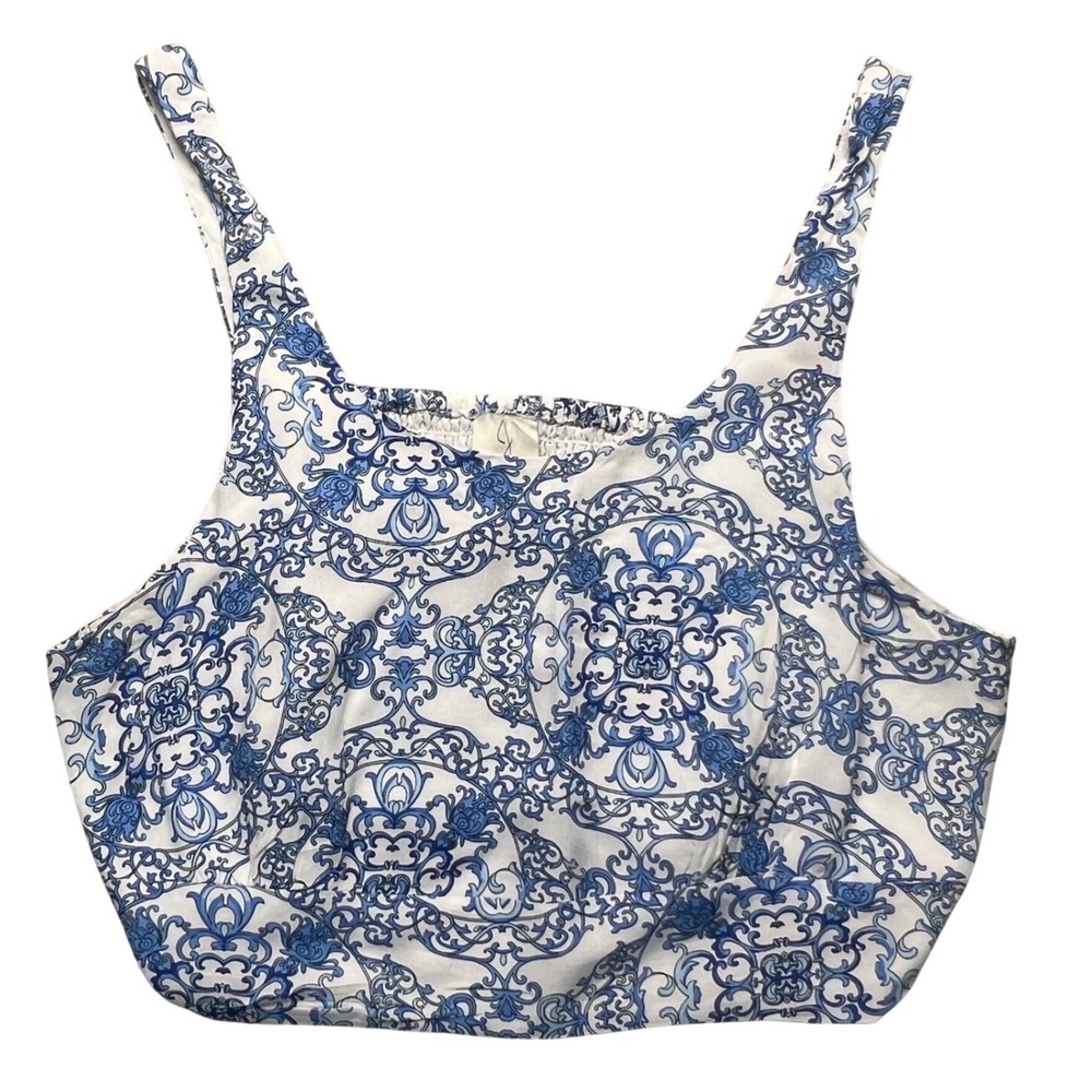 Joie Strappy Smocked Crop Top Tank NWOT White Blue Medallion Print Women's M